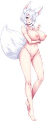 Rule 34 | 1girl, animal ear fluff, animal ears, azarashi soft, barefoot, blast (lyricbox), blue eyes, breasts, completely nude, fox ears, fox girl, fox tail, full body, game cg, hair over one eye, hair rings, highres, huge breasts, jewel (the black canvas), lulu (one shota one), medium hair, navel, nipples, no pussy, nude, one shota one, open mouth, solo, tachi-e, tail, transparent background, white hair