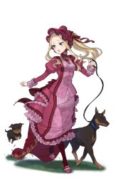 Rule 34 | 1girl, :o, blonde hair, blue eyes, bonnet, braid, dobermann, dog, dress, elizabeth cassandra austin, frilled dress, frilled sleeves, frills, full body, grass, highres, leash, long hair, looking to the side, official art, open mouth, pink dress, pink footwear, ponytail, princess principal, princess principal game of mission, puppy, shoes, standing, transparent background
