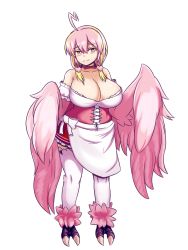 Rule 34 | 1girl, ahoge, alternate costume, bare shoulders, blonde hair, blush, breasts, choker, cleavage, commentary, dirndl, dress, feathered wings, feathers, full body, german clothes, hair between eyes, hair ornament, harpy, heart, heart ahoge, heart hair ornament, highres, huge breasts, jubjub (monster girl encyclopedia), long hair, looking at viewer, monster girl, monster girl encyclopedia, multicolored hair, nav (itsnav), neck ribbon, pink hair, pink wings, ribbon, simple background, smile, solo, standing, talons, thighhighs, two-tone hair, white background, white thighhighs, winged arms, wings, yellow eyes