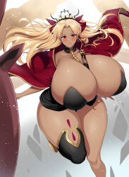 Rule 34 | 1girl, absurdres, black leotard, blonde hair, blush, breasts, cape, cleavage, daien, dark-skinned female, dark skin, dot nose, dutch angle, ereshkigal (fate), fate (series), female focus, floating hair, gigantic breasts, highres, holding, holding sword, holding weapon, leotard, looking at viewer, red eyes, skindentation, skull, skull ornament, solo, spine, standing, strapless, sword, thick thighs, thighs, weapon, wide hips