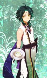 Rule 34 | 1boy, artist name, bare shoulders, bead necklace, beads, black gloves, chinese clothes, closed mouth, commentary, expressionless, eyeshadow, floral print, food, forehead, genshin impact, gloves, gold trim, green background, green hair, highres, holding, holding plate, jewelry, looking at viewer, makeup, male focus, medium hair, morinaga miru, necklace, outstretched hand, parted bangs, plate, purple sash, sash, sleeveless, solo, standing, tofu, v-shaped eyebrows, xiao (genshin impact), yellow eyes