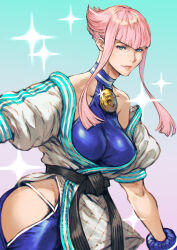 Rule 34 | 1girl, aqua eyes, bare shoulders, belt, black belt, blue leotard, blunt bangs, breasts, clothing cutout, collar, commentary, dougi, halterneck, highres, large breasts, leotard, looking at viewer, makimura shunsuke, manon legrand, martial arts belt, pink hair, short hair with long locks, solo, street fighter, street fighter 6, thigh cutout