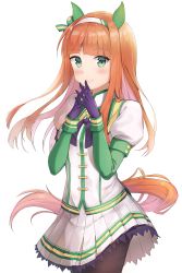 Rule 34 | 1girl, absurdres, animal ears, black pantyhose, closed mouth, cropped legs, ear covers, green eyes, hairband, highres, hime cut, horse ears, horse girl, horse tail, long hair, looking at viewer, orange hair, own hands together, pantyhose, puffy sleeves, radoremo, silence suzuka (umamusume), simple background, skirt, solo, tail, umamusume, white background