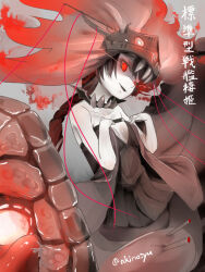 Rule 34 | 1girl, abyssal ship, akino shuu, black dress, black hair, character request, collarbone, dress, glowing, glowing eyes, grey background, hands up, head tilt, kantai collection, long hair, looking at viewer, pale skin, red eyes, smile, solo, translation request, twitter username