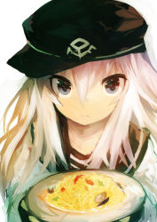 Rule 34 | 1girl, absurdres, anchor, anchor symbol, blue eyes, commentary request, flat cap, food, hair between eyes, hat, hibiki (kancolle), highres, holding, holding plate, kaamin (mariarose753), kantai collection, long hair, pasta, plate, sailor collar, school uniform, serafuku, simple background, solo, upper body, white background, white hair