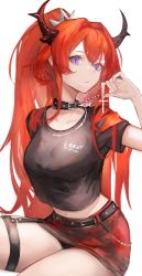 Rule 34 | 1girl, absurdres, arknights, arm up, belt, black choker, black shirt, breasts, choker, crop top, crop top overhang, gnai, hair ornament, highres, horns, jewelry, long hair, looking at viewer, medium breasts, midriff, miniskirt, necklace, official alternate costume, ponytail, purple eyes, red hair, red skirt, shirt, short sleeves, skirt, solo, surtr (arknights), surtr (liberte echec) (arknights), thigh strap, thighs