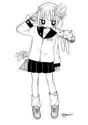 Rule 34 | 1girl, absurdres, baseball bat, blush stickers, bright pupils, full body, greyscale, hair ornament, hand up, highres, holding, holding baseball bat, jitome, leg warmers, long sleeves, looking at viewer, monochrome, nail, no neckwear, original, over shoulder, pleated skirt, school uniform, serafuku, shii595, shoes, short twintails, signature, simple background, skirt, sneakers, solo, spiked bat, standing, stuffed toy, tongue, tongue out, twintails, weapon, weapon over shoulder