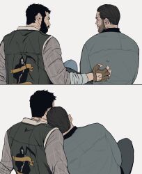 Rule 34 | 2boys, bara, beard, beard stubble, bonjourdraws, character request, couple, eye contact, facial hair, from behind, gloves, hand on another&#039;s back, head on another&#039;s shoulder, highres, jacket, leaning on person, looking at another, male focus, mature male, multiple boys, muscular, muscular male, old, old man, short hair, stubble, upper body, wrinkled skin