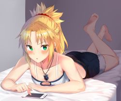 Rule 34 | 1girl, :o, absurdres, barefoot, bed, bed sheet, black shorts, blonde hair, blush, breasts, cellphone, cleavage, collarbone, commentary request, fate/apocrypha, fate (series), feet, green eyes, highres, jewelry, jun (aousa0328), looking at viewer, lying, midriff, mordred (fate), mordred (fate/apocrypha), mordred (memories at trifas) (fate), on bed, on stomach, pendant, phone, ponytail, short hair, shorts, small breasts, soles, solo, the pose, toes