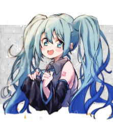 Rule 34 | 1girl, 3774., aqua eyes, aqua hair, aqua necktie, bare shoulders, black sleeves, commentary, cropped torso, detached sleeves, grey shirt, hatsune miku, long hair, looking at viewer, necktie, open mouth, shirt, shoulder tattoo, sleeveless, sleeveless shirt, sleeves past wrists, smile, solo, tattoo, twintails, upper body, very long hair, vocaloid