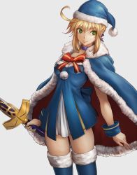 Rule 34 | 1girl, adapted costume, ahoge, artoria pendragon (all), artoria pendragon (fate), blonde hair, blue cape, blue dress, blue thighhighs, bobblehat, bow, bowtie, breasts, cape, choker, collarbone, covered erect nipples, cowboy shot, dress, excalibur (fate/stay night), fate/grand order, fate/stay night, fate (series), fur trim, green eyes, hat, highres, holding, holding sword, holding weapon, looking at viewer, no legwear, official alternate costume, red bow, red bowtie, saber (fate), saber (present for my master) (fate), santa costume, santa hat, short dress, small breasts, smile, solo, sowel (sk3), sword, thighhighs, weapon, wrist cuffs