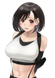 Rule 34 | 1girl, arms behind back, bare shoulders, black hair, blush, bob cut, breasts, commentary request, crop top, detached sleeves, earrings, final fantasy, final fantasy vii, highres, izawa (bhive003), jewelry, large breasts, looking at viewer, medium hair, midriff, navel, open mouth, red eyes, simple background, solo, stomach, suspenders, swept bangs, tifa lockhart, upper body, white background