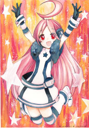 Rule 34 | 1girl, 2010, ahoge, android, belt, boots, dated, gloves, joints, kneehighs, long hair, mosho, robot joints, sf-a2 miki, signature, smile, socks, solo, striped clothes, striped gloves, striped socks, striped thighhighs, thighhighs, traditional media, very long hair, vocaloid, wrist cuffs