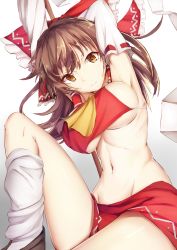 Rule 34 | 1girl, armpits, arms up, ascot, bow, breasts, brown eyes, brown footwear, brown hair, detached sleeves, gradient background, grey background, groin, hair bow, hair tubes, hakurei reimu, highres, knee up, large breasts, long hair, looking at viewer, microskirt, miniskirt, navel, no bra, red bow, red skirt, ribbon-trimmed sleeves, ribbon trim, satou rin (gobugabuge), shide, shoes, skirt, smile, socks, solo, stomach, touhou, underboob, white background, white socks, yellow background