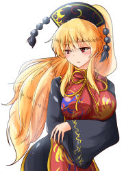Rule 34 | 1girl, alternate hairstyle, black dress, blush, breasts, chinese clothes, cowboy shot, dress, hair between eyes, hat, highres, hip focus, junko (touhou), long hair, long sleeves, looking down, looking to the side, medium breasts, oshiaki, parted lips, ponytail, red eyes, ribbon, sidelocks, solo, tabard, touhou, very long hair, wide sleeves, wind