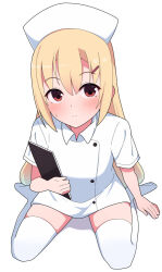 Rule 34 | 1girl, arihara nanami, arm at side, blonde hair, blush, closed mouth, commentary, eyes visible through hair, foreshortening, from above, frown, full body, hair between eyes, hair down, hair ornament, hairclip, hat, holding, holding notepad, long hair, looking at viewer, no shoes, notepad, nurse, nurse cap, red eyes, riddle joker, short sleeves, simple background, sitting, solo, split mouth, straight hair, sweatdrop, symbol-only commentary, thighhighs, thighs, upturned eyes, very long hair, wariza, white background, white hat, white thighhighs, zettai ryouiki, zlmh7okwwbmghfo