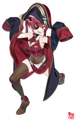 Rule 34 | 1girl, absurdres, ankle boots, arms up, arrow through heart, artist logo, ascot, belt, black coat, boots, brooch, brown belt, brown footwear, brown thighhighs, cleavage, coat, eyepatch, fang, fold-over boots, gold trim, hair ribbon, hands up, hat, highres, hololive, hololive fantasy, houshou marine, jacket, jewelry, leather, leather boots, leotard, leotard under clothes, long hair, looking at viewer, mr tangsuyuk, off shoulder, open mouth, pirate, pirate hat, pleated skirt, red ascot, red eyes, red hair, red jacket, red ribbon, red skirt, ribbon, see-through, see-through cleavage, see-through leotard, simple background, skirt, sleeveless, sleeveless jacket, sleeves past wrists, smile, solo, thighhighs, twintails, virtual youtuber, white background