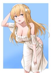 Rule 34 | 1girl, absurdres, blonde hair, blue background, blue eyes, border, breasts, cleavage, double bun, dress, fletcher (kancolle), hair bun, hair ornament, hairband, highres, kamaboko senshi, kantai collection, large breasts, long hair, no panties, off shoulder, official alternate costume, open mouth, smile, solo, star (symbol), star hair ornament, white border, white dress