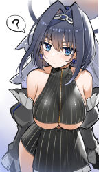 Rule 34 | 1girl, ?, bare shoulders, blue eyes, blue hair, breasts, crop top, detached sleeves, earrings, hair intakes, highres, hololive, hololive english, jewelry, kaworu (1030), large breasts, ouro kronii, ouro kronii (1st costume), short hair, simple background, solo, underboob, virtual youtuber, white background, zipper