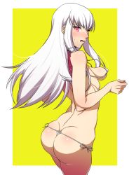 Rule 34 | 1girl, ass, bikini, blush, breasts, butt crack, fire emblem, fire emblem: three houses, from side, long hair, lysithea von ordelia, micro bikini, nintendo, open mouth, outside border, pink eyes, simple background, small breasts, solo, swimsuit, tesu, white bikini, white hair, yellow background