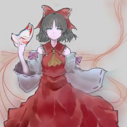 Rule 34 | 1girl, akitsu (davis0527dx), bow, brown hair, collarbone, detached sleeves, dress, expressionless, fox mask, hakurei reimu, looking to the side, mask, unworn mask, medium hair, red dress, simple background, solo, string, string of fate, touhou, wavy hair
