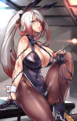 Rule 34 | 1girl, akinaie, animal ears, asmodeus (megido72), ass, bare shoulders, black gloves, black pantyhose, bow, bowtie, breasts, cleavage, covered navel, gloves, hair over one eye, half gloves, high heels, highres, large breasts, leotard, long hair, looking at viewer, megido72, pantyhose, parted lips, ponytail, rabbit ears, red eyes, red hair, silver hair, simple background, sleeveless, solo, very long hair, wrist cuffs