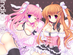 Rule 34 | 2girls, arm garter, asymmetrical hair, bad id, bad pixiv id, bed, bow, breasts, cleavage, garter straps, hair ornament, hair ribbon, hairclip, long hair, mitha, multiple girls, one eye closed, orange hair, original, panties, pink eyes, pink hair, purple eyes, ribbon, see-through, short twintails, side ponytail, thighhighs, twintails, underwear, wince, wink