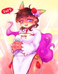 Rule 34 | 1girl, 2017, blue eyes, brown hair, china dress, chinese clothes, dragon girl, dress, female focus, furry, furry female, highres, htg (htg92), open mouth, purple eyes, solo