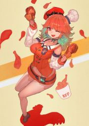 Rule 34 | 1girl, blush, bra strap, breasts, brown footwear, bucket of chicken, chef hat, chicken (food), chicken leg, detached sleeves, earrings, feather earrings, feathers, food, food print, fried chicken, full body, gradient hair, green neckwear, hat, highres, holding, holding food, hololive, hololive english, jewelry, lack, long hair, looking at viewer, multicolored hair, navel, one eye closed, open mouth, orange hair, orange hat, orange skirt, purple eyes, shirt, skirt, sleeveless, sleeveless shirt, smile, solo, takanashi kiara, takanashi kiara (1st costume), thighhighs, virtual youtuber, white thighhighs