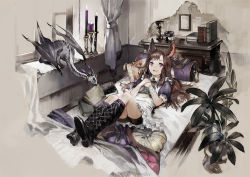 Rule 34 | 1girl, :d, animal ears, bed, bedroom, black footwear, book, boots, brown hair, candle, chalice, chibi (shimon), commentary, cross-laced footwear, cup, curtains, cushion, dragon, drawing (object), english commentary, fantasy, frills, indoors, knee boots, lace-up boots, long hair, looking at viewer, lying, on back, open mouth, original, own hands together, plant, potted plant, puffy short sleeves, puffy sleeves, purple eyes, shoe soles, short sleeves, shorts, shorts under skirt, smile, solo, table, tail, window, wrist cuffs