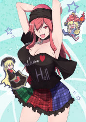 Rule 34 | 3girls, aqua background, armpits, arms behind head, arms up, bare legs, black dress, black shirt, blonde hair, blush, breasts, chain, chibi, choker, cleavage, clothes writing, clownpiece, collarbone, commentary request, contrapposto, dress, english text, eyebrows, fang, hat, hecatia lapislazuli, jester cap, junko (touhou), large breasts, long hair, looking at viewer, mini person, minigirl, multicolored clothes, multicolored skirt, multiple girls, one eye closed, otoufu (wddkq314band), red eyes, red hair, shirt, single sleeve, skirt, smile, star (symbol), tabard, torch, touhou, very long hair