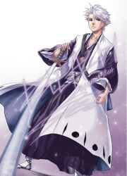 1boy artist_name black_hakama black_kimono bleach closed_mouth copyright_name dutch_angle green_eyes hair_between_eyes hakama haori highres hitsugaya_toushirou holding holding_sword holding_weapon japanese_clothes kimono looking_at_viewer male_focus obi planted planted_sword planted_weapon rlawnsgr7 sandals sash shihakusho snow solo standing sword tabi taichou_haori waraji weapon white_hair white_sash wide_sleeves