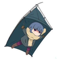 Rule 34 | 1girl, beige scarf, blue hair, blush, boots, brown footwear, brown gloves, chibi, coat, commentary request, denden, gloves, green coat, jitome, no mouth, pantyhose, pink pantyhose, purple eyes, revision, scarf, shima rin, simple background, solo, tent, v-shaped eyebrows, white background, yurucamp