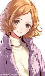 Rule 34 | 1girl, artist name, blush, breasts, brown eyes, brown hair, cleavage, curly hair, facing viewer, happy, jacket, looking at viewer, mataichi mataro, medium breasts, okumura haru, open clothes, open jacket, parted lips, persona, persona 5, pink sweater, purple jacket, shirt, short hair, simple background, smile, solo, sweater, teeth, upper body, white background, zipper