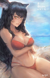 Rule 34 | 1girl, absurdres, ahri (league of legends), animal ears, artist name, bad id, bad pixiv id, bikini, black hair, breast hold, breasts, cleavage, commentary, dated, english commentary, facial mark, fang, fox ears, fox tail, highres, large breasts, league of legends, long hair, looking at viewer, multiple tails, red bikini, seuyan, slit pupils, solo, swimsuit, tail, wavy hair, whisker markings, yellow eyes