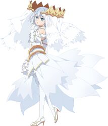 Rule 34 | 1girl, :o, bare shoulders, blue eyes, breasts, bridal veil, date a live, dress, full body, gloves, high heels, official art, short hair, small breasts, solo, tachi-e, tobiichi origami, transparent background, veil, white dress, white gloves, white hair