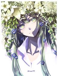 Rule 34 | 1other, absurdres, blue flower, branch, chrysanthemum, close-up, closed mouth, collarbone, enkidu (fate), fate/strange fake, fate (series), flower, green eyes, green hair, hair between eyes, hair flower, hair ornament, head tilt, high contrast, highres, leaf, light particles, light smile, lily (flower), lips, long hair, looking at viewer, robe, rose, sidelocks, solo, twitter username, upper body, white background, white flower, white robe, white rose, zassou (ukjpn)