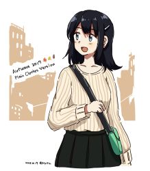 Rule 34 | 1girl, 2017, :d, alternate costume, any (lucky denver mint), arm at side, autumn, bag, black skirt, blue eyes, blue hair, blush, casual, cityscape, collarbone, dated, english text, hair ornament, hairclip, kantai collection, long hair, long sleeves, looking to the side, open mouth, pleated skirt, shoulder bag, skirt, smile, solo, souryuu (kancolle), striped, sweater, tareme, twitter username, vertical stripes, yellow sweater
