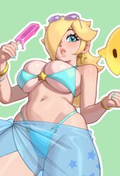 Rule 34 | 1girl, bikini, blonde hair, blue bikini, blue eyes, blue sarong, breasts, earrings, expressionless, food, hair over one eye, highres, holding, holding food, jewelry, large breasts, lips, long hair, looking at viewer, mario (series), melting, nail polish, navel, nintendo, parted lips, popsicle, riz, rosalina, sarong, see-through sarong, star (symbol), star earrings, super mario galaxy, swimsuit, underboob