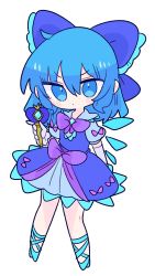 Rule 34 | 1girl, blue bow, blue dress, blue eyes, blue footwear, blue hair, bow, bowtie, cirno, collared dress, dress, frilled bow, frilled dress, frills, hair bow, highres, ice, ice wings, magical girl, op na yarou, puffy short sleeves, puffy sleeves, purple bow, purple bowtie, short hair, short sleeves, simple background, solo, touhou, white background, wings