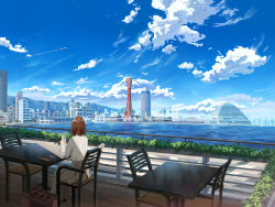 Rule 34 | 1girl, aircraft, airplane, blue sky, breasts, brown hair, brown skirt, building, bush, cafe, chair, city, cityscape, cloud, commentary request, contrail, cup, day, harbor, holding, holding cup, medium breasts, original, outdoors, railing, restaurant, scenery, shirt, shurock, sitting, skirt, sky, skyline, skyscraper, solo, table, tower, white shirt