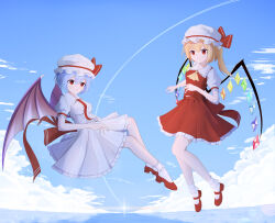Rule 34 | 2girls, absurdres, ascot, bat wings, blonde hair, blue hair, blue sky, crystal wings, dress, flandre scarlet, hat, hat ribbon, highres, looking at viewer, mary janes, multiple girls, nitronn (nitrun), outdoors, red dress, red eyes, red ribbon, remilia scarlet, ribbon, shoes, siblings, sky, thighhighs, touhou, twins, white dress, white mob cap, white thighhighs, wings, yellow ascot