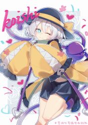 Rule 34 | 1girl, ;3, absurdres, alternate costume, black hat, black shorts, blue eyes, character name, closed mouth, coat, commentary request, foot out of frame, foot up, frilled sleeves, frills, hat, hat ribbon, highres, huangyou, komeiji koishi, long sleeves, looking at viewer, medium hair, one eye closed, ribbon, shorts, sleeves past fingers, sleeves past wrists, smile, solo, third eye, touhou, very long sleeves, white hair, wide sleeves, yellow coat, yellow ribbon, zipper