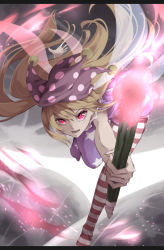 Rule 34 | 1girl, absurdres, alternate eye color, american flag, american flag legwear, american flag print, american flag shirt, attack, bad id, bad pixiv id, bent over, blonde hair, blurry, blush, clownpiece, depth of field, eyeshadow, fairy wings, flag print, floating hair, focused, glowing, glowing eyes, hair between eyes, hat, highres, jester cap, leg up, light particles, long hair, looking at viewer, makeup, neck ruff, open mouth, otomeza ryuseigun, outstretched arm, pink eyes, polka dot, pov, pov hands, print shirt, purple hat, short hair, slit pupils, solo, torch, touhou, transparent wings, very long hair, wings