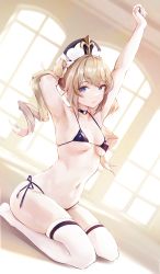 Rule 34 | 1girl, arm behind head, armpits, arms up, barbara (genshin impact), bare arms, bare shoulders, bikini, black bikini, black choker, blonde hair, blue eyes, breasts, choker, closed mouth, commentary, drill hair, dutch angle, expressionless, genshin impact, halterneck, hat, highres, leviathan (hikinito0902), long hair, looking at viewer, micro bikini, navel, no shoes, seiza, side-tie bikini bottom, sitting, skindentation, small breasts, solo, stomach, string bikini, swimsuit, thighhighs, thighs, twin drills, twintails, white hat, white thighhighs