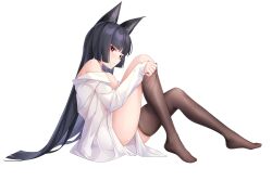 Rule 34 | 1girl, animal ears, black hair, blunt bangs, brown thighhighs, closed mouth, fox ears, full body, hamilundenongdizhe, highres, hime cut, hoshimi miyabi, long hair, long sleeves, looking at viewer, red eyes, shirt, simple background, solo, thighhighs, toes, white background, white shirt, zenless zone zero, zettai ryouiki
