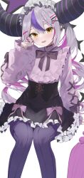 Rule 34 | 1girl, evening rabbit, grey hair, highres, hololive, holox, horns, la+ darknesss, long hair, long sleeves, looking at viewer, multicolored hair, open mouth, puffy sleeves, smile, solo, streaked hair, thighs, transparent background, virtual youtuber, yellow eyes