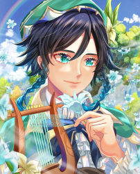 Rule 34 | 1boy, absurdres, androgynous, beret, black hair, blue flower, blue hair, bow, braid, cape, closed mouth, cloud, cloudy sky, collared cape, collared shirt, day, flower, frilled sleeves, frills, genshin impact, gradient hair, green eyes, green flower, green hat, hair flower, hair ornament, hat, highres, holding, holding flower, instrument, kekentang, leaf, long sleeves, lyre, male focus, multicolored hair, outdoors, rainbow, shirt, short hair with long locks, sky, smile, solo, tree, twin braids, venti (genshin impact), white flower, white shirt