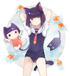 Rule 34 | androgynous, animal ears, bob cut, cat, cat ears, cat tail, chibi, fish, gender request, kuroi nyan, kuroinyan, nontraditional school swimsuit, one-piece swimsuit, original, other focus, purple hair, sailor collar, sailor swimsuit, school swimsuit, short hair, swimsuit, tail, trap