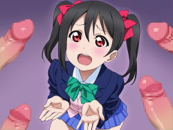 Rule 34 | 1girl, 4boys, black hair, blush, bow, bowtie, censored, erection, eyebrows, group sex, hair ribbon, hands together, legs, long hair, looking at viewer, love live!, love live! school idol project, mosaic censoring, multiple boys, open mouth, penis, plaid, plaid skirt, raised eyebrows, red eyes, ribbon, school uniform, silver meteor, simple background, sitting, skirt, solo focus, thighs, twintails, yazawa nico